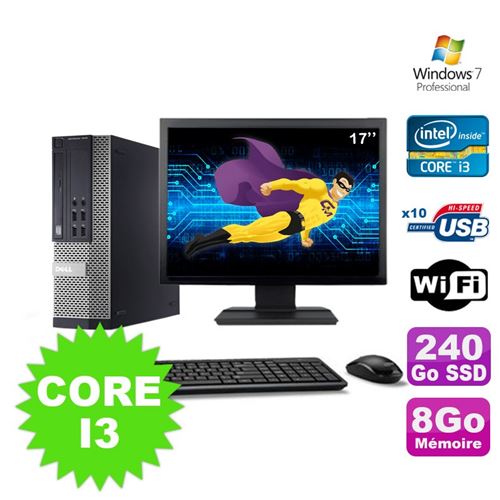 Pc dell optiplex 990 sff i3-2120 3.3ghz 8go 240go ssd dvd wifi w7 ecran 17'
