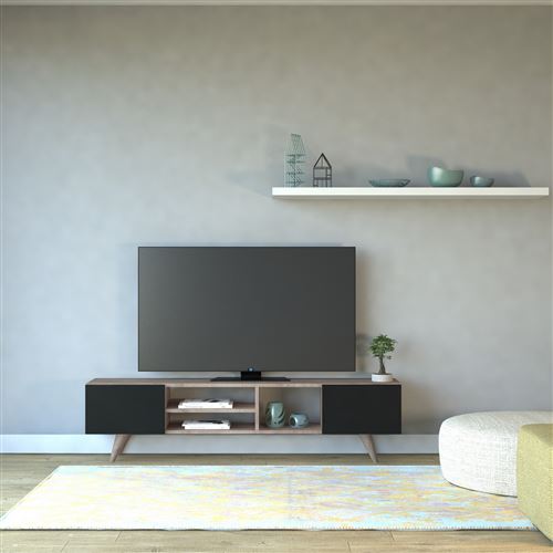 HOMEMANIA Dore TV-Kast- Modern - met deuren, planken - van woonkamer - Walnoot, Zwart in hout, 160 x 29,7 x 40,6 cm
