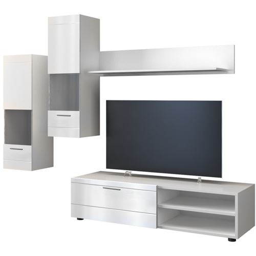 MANILA | Ensemble meuble TV moderne salon/séjour 5 éléments | Mur TV avec rangements | Meuble bas + 2 vitrines/colonnes + étagère | Blanc