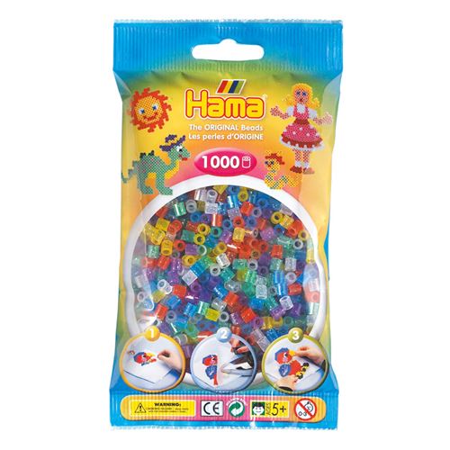 Sachet de 1000 perles a repasser hama midi couleurs assorties transparentes pailletees - 207-54