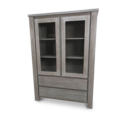 Vitrine 2 portes 2 tiroirs Bois massif Gris - GABRIEL