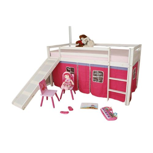 Lit Simple Blanc 90x200 en hauteur avec echelle et rideau et toboggan Fuchsia