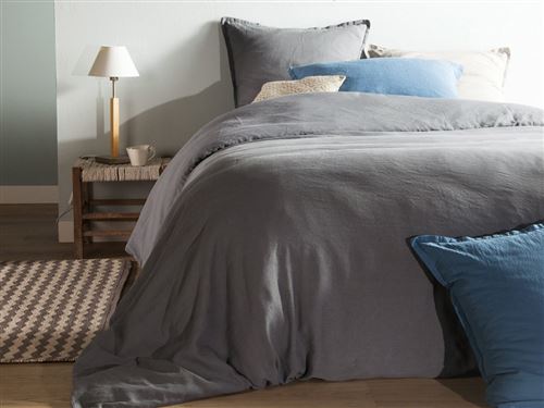 Taie d'oreiller unie lin et coton lavé volant 2 cm HORTENSE 50x70cm gris