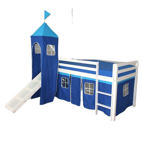 Lit Simple Blanc 90x200 en hauteur avec echelle Tour et toboggan Bleu