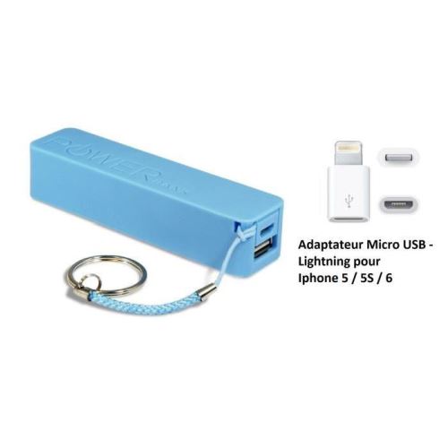 Batterie externe de secours 2600 mah - Powerbank - Bleu - avec adaptateur Lightning pour Apple Iphone 5 / 5S / 6
