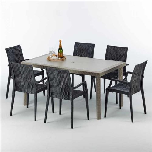 Table rectangulaire et 6 chaises Poly rotin resine ensemble bar cafè exterieur 150x90 Beige Marion, Chaises Modèle: Bistrot Arm Anthracite noir