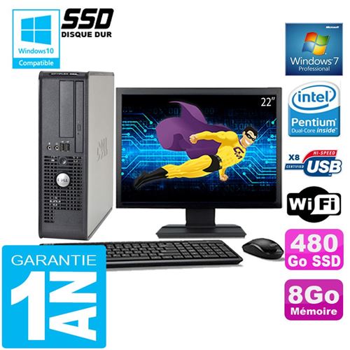 PC Dell 380 Sff Intel E5700 Ram 8Go Disque 480 Go SSD WiFi W7 Ecran 22'