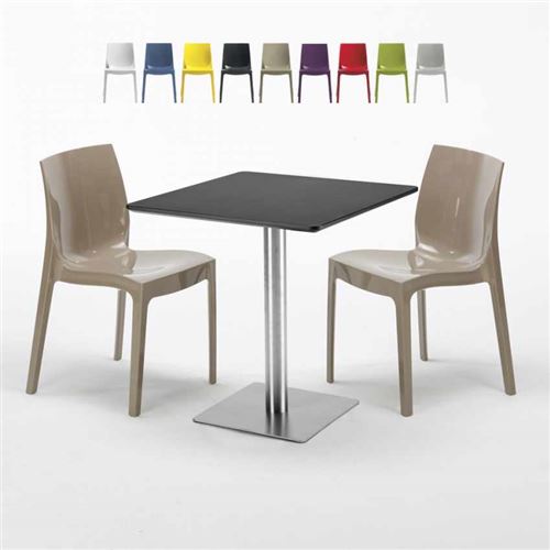 Table carrée noire 70x70 avec 2 chaises colorées Ice RUM RAISIN, Couleur: Beige