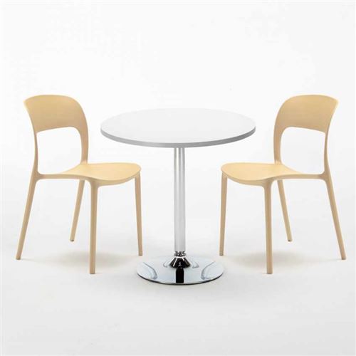 Table Ronde Blanche 70x70cm Avec 2 Chaises Colorées Set Intérieur Bar Café Restaurant LONG Island, Couleur: Beige