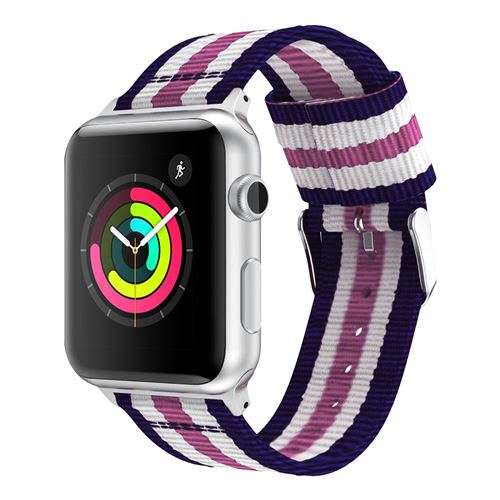 Bracelet Apple Watch 42 et 44 mm à rayures en Nylon Tissé - Bleu, Blanc et Rose
