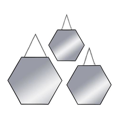 set de 3 miroirs hexagonaux a suspendre en métal - noir