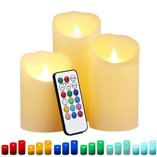 Lot de 3 Bougies LED RGB 12 Couleurs - Véritable Cire avec Télécommande - Bougie LED Sans Flamme - Mode Flamme Vacillante - Hauteur 10cm, 12,5cm, 15cm