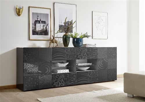 SUBLEEM Buffet 2 portes 4 tiroirs Serle gris laqué brillant
