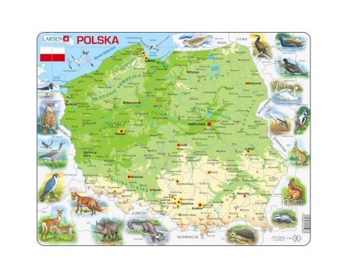 Puzzle 61 Pièces : Puzzle Cadre - Carte de la Pologne et ses Animaux (en Polonais), Larsen