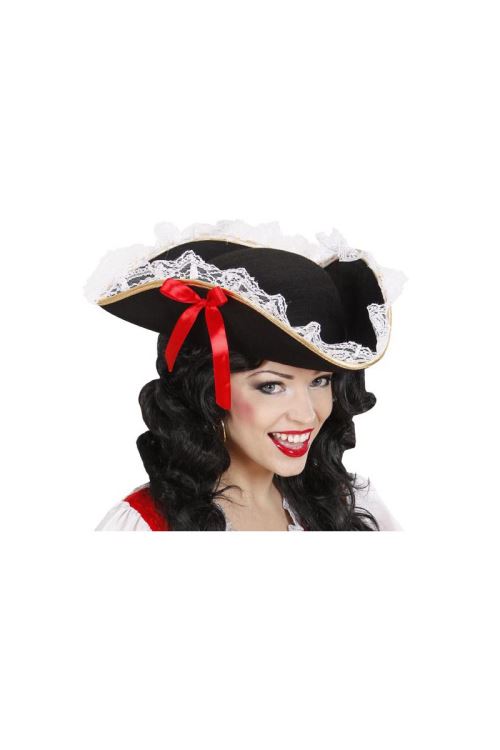 Tricorne Dame Avec Dentelle Et Ruban Rouge - Noir - Taille Unique