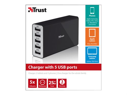 Trust Wall Charger with 5 USB Ports - Netspanningsadapter - 25 Watt - 5 uitgangsaansluitingen (USB)