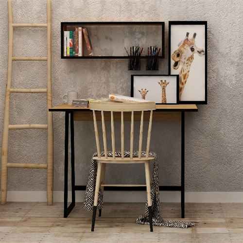 HOMEMANIA Bureau Koala - avec étagère - pour bureau, studio, chambre - Chêne, Noir en Bois, 100 x 60 x 108 cm