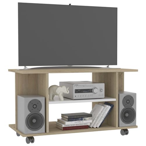 vidaXL Meuble TV avec roulettes Blanc et chêne sonoma 80x40x40 cm