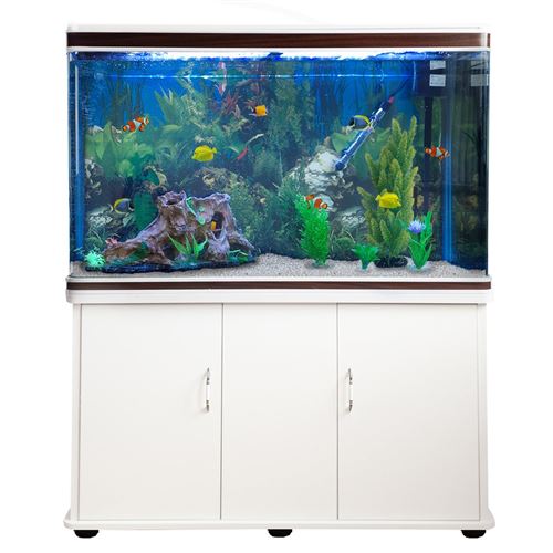 Aquarium &agrave; bords Blanc & Noisette, Kit de D&eacute;marrage, Meuble de support Blanc
