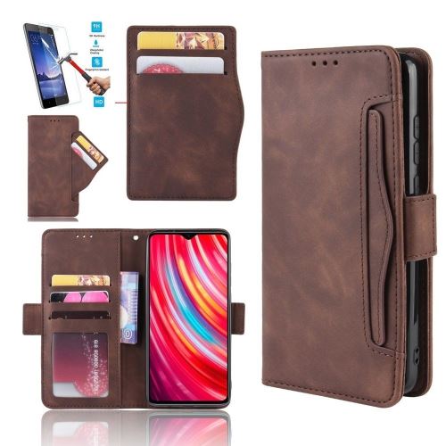 Etui Xiaomi Redmi 9 Portefeuille Brun Avec Film Verre Trempé Coque Housse En Cuir Pu - 5 Emplacement Cartes Marron hfs-house®
