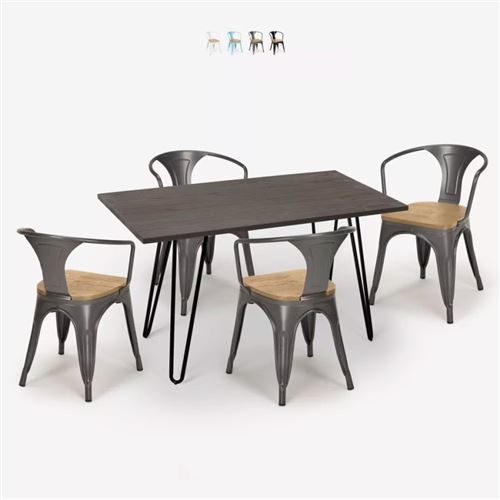 Ensemble Table 120x60cm 4 Chaises Tolix Bois Industriel Wismar Top Light, Couleur: Gris foncé