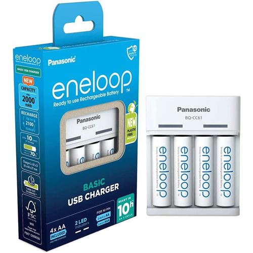 PANASONIC Eneloop Chargeur Basic Charger USB BQ-CC61 avec 4 piles AA 2000mAh
