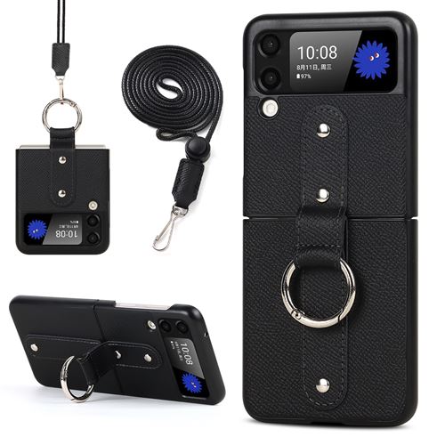 Coque avec Bague Pour Samsung Galaxy Z Flip 3 Frusde avec Bandoulière Etui de Protection-Noir