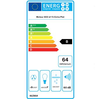 Hotte Plan de travail FALMEC CORDOWN3611, 112cm, commandes Sensitives, finition Inox Brosse / Blanc, vendue sans moteur.  Ex pour MOT950 : Debit boost = 730m3/h, Puissance acoustique max = 64dB. Eclairage LED. Classe energetique : B