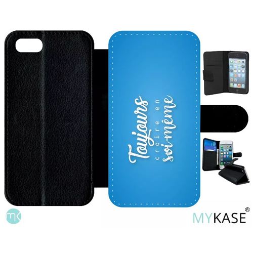 Etui My-Kase pour iPhone Se 2020 - toujours croire en sois meme fond bleu turquoise - Simili-cuir Noir