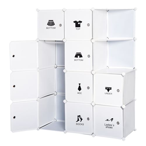Armoire penderie cube multi-rangements 10 cubes + 2 étagères + autocollants décoratifs 111L x 47l x 145H cm blanc