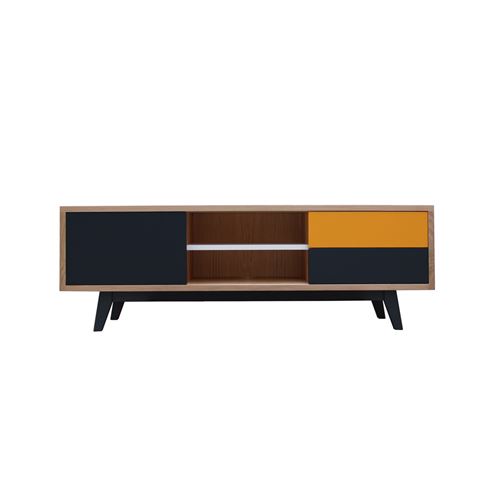 Pirotais Buffet TV chêne massif et laqué, 1 porte, 2 tiroirs et 1 niche, Made in France Jaune or
