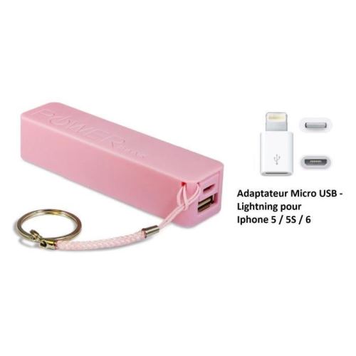 Batterie externe de secours 2600 mah - Powerbank - Rose - avec adaptateur Lightning pour Apple Iphone 5 / 5S / 6
