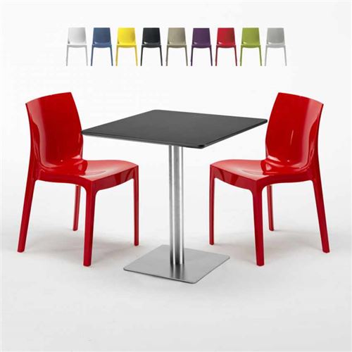 Table carrée noire 70x70 avec 2 chaises colorées Ice RUM RAISIN, Couleur: Rouge