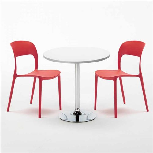 Table Ronde Blanche 70x70cm Avec 2 Chaises Colorées Set Intérieur Bar Café Restaurant LONG Island, Couleur: Rouge