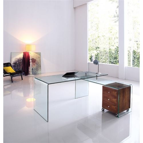 Bureau design en verre avec retour et caisson Ora