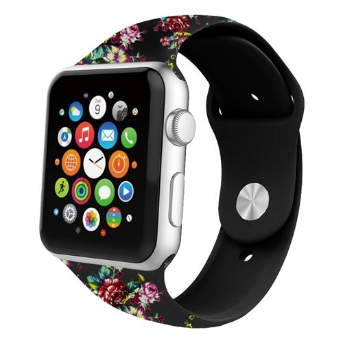 Bracelet Apple Watch 42 et 44 mm motifs Fleuris - Noir et Rouge