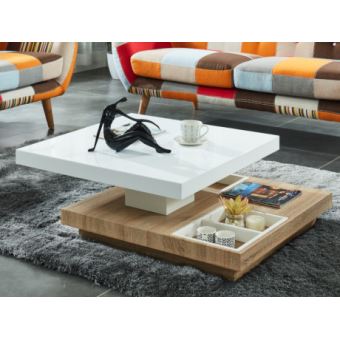 Table Basse Fausto Plateau Pivotant Mdf Laque Blanc Chene