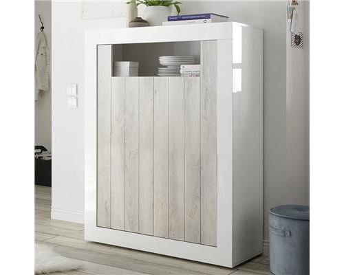 Buffet haut moderne couleur pin et blanc SERENA 3 - Blanc - L 110 x P 42 x H 144 cm