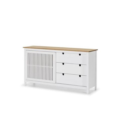VALENTINA Buffet bas 1 porte 3 tiroirs - Decor chene et blanc - L 150 x P 40 x H 80 cm