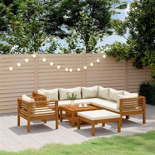 Salon de jardin 8 pcs avec coussin cr&egrave;me Bois d'acacia solide