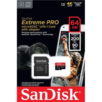 Carte MicroSDXC SanDisk Extreme 64 Go - Vitesse Jusqu'à 90 Mo/s, Classe 10, U3, V30 - Avec Adaptateur SD, Résistante Aux Conditions Extrêmes