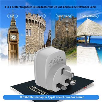 TESSAN Adaptateur Prise Anglaise UK Angleterre France Adaptateur de  Voyage,2 USB,Europe Francaise FR 2 Broches vers GB 3 Broches