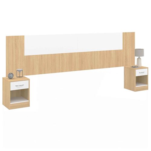 Tête de lit à chevets modulables bois et blanc