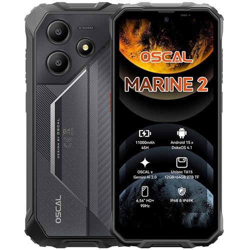 Oscal MARINE 2 Téléphone Portable Incassable 12Go+64Go-SD 2To 6.56 90Hz Gemini AI 2.0 11000mAh Android 15 Double SIM 4G GPS - Noir