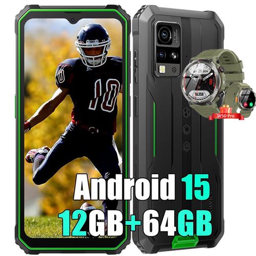 Blackview BV4800 SE Téléphone Portable Incassable,Android 15 Smartphone 12Go+64Go 6.56 Dual SIM 4G Vert avec Smartwatch Blackview W50
