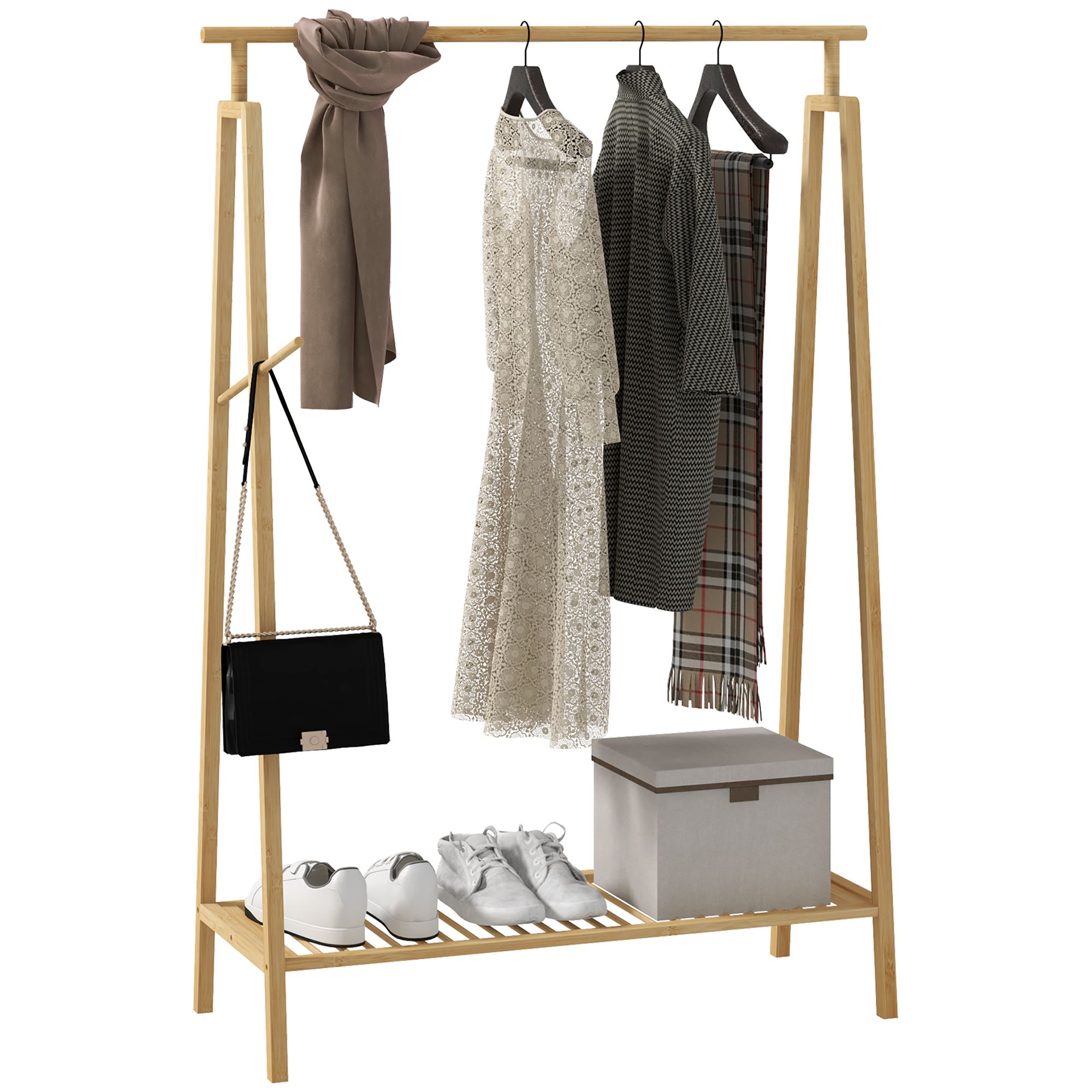 Portant à Vêtements En Bambou 4 En 1 Avec Roues Et étagères 100x38x176 Cm