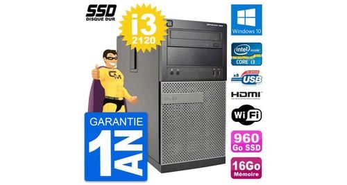 Pc tour dell optiplex 390 mt i3-2120 ram 16go ssd 960go hdmi windows 10 wifi