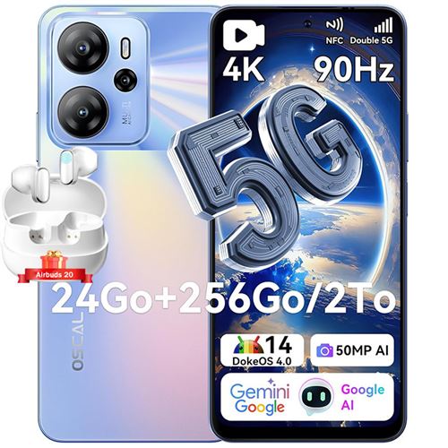 Téléphone Portable 5G Oscal Tiger 13 6.67 24Go+256Go 50MP 5000mAh Android NFC Dual SIM Bleu avec Blackview Airbuds 60