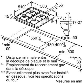 Bosch - table inox gaz 60cm 3 feux pgc6b5b90 - série 4 pgc6b5b90