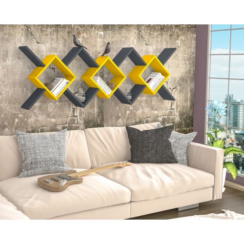 HOMEMANIA Étagère Riki Murale Flottante, pour Livres - pour Salon, Bureau - Jaune, Anthracite en Bois, 170 x 20 x 59 cm